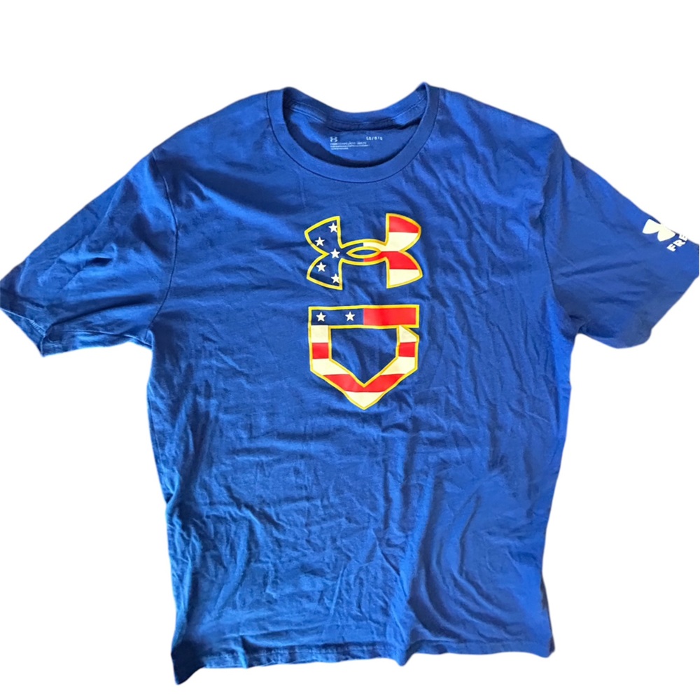 Under Armour bright blue short t-shirt USA Flag logo - Size L
